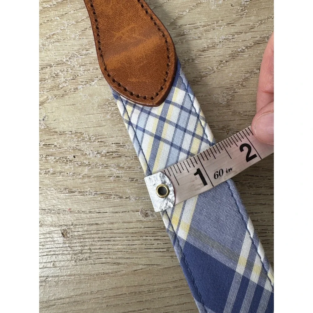 Brooks Brothers Mens Plaid Cotton and Leather Belt Brown Blue Pink Size Large